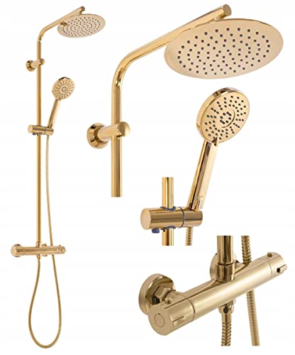 Rea Duschsystem BLISS Gold Duschset Duscharmatur mit Duschkopf und Kopfbrause aus Messing Duschgarnitur für Badezimmer (Gold) von Rea