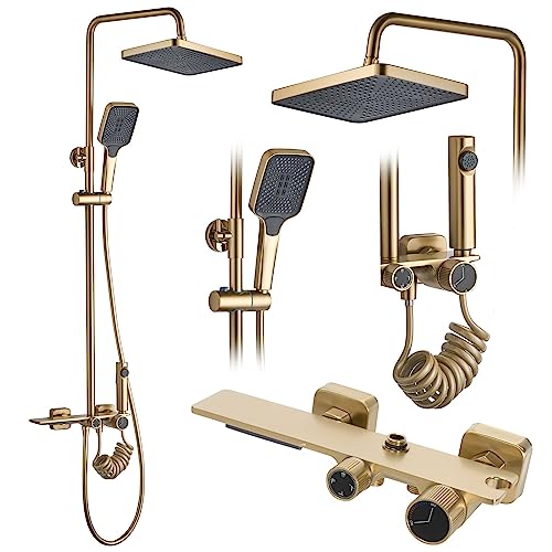 Rea Duschsystem HELIX Brush Gold Duschset Duscharmatur mit Duschkopf und Kopfbrause aus Messing Duschgarnitur für Badezimmer (Gebürstetes Gold) von Rea