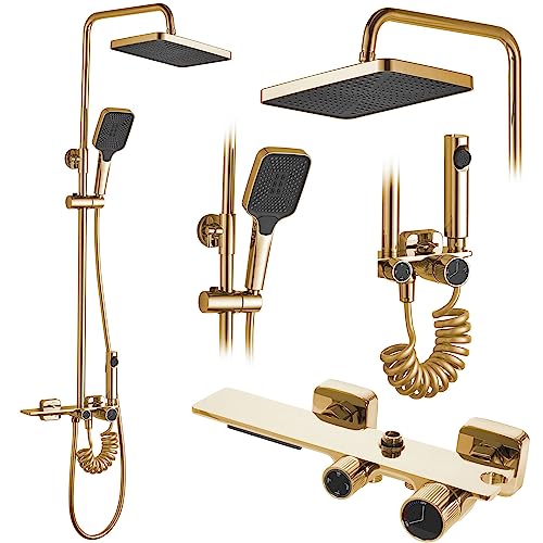 Rea Duschsystem HELIX Gold Duschset Duscharmatur mit Duschkopf und Kopfbrause aus Messing Duschgarnitur für Badezimmer (Gold) von Rea