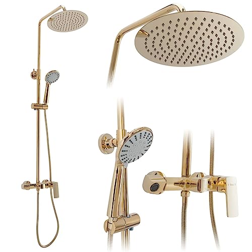 Rea Duschsystem Roger Gold Duschset Duscharmatur mit Duschkopf und Kopfbrause aus Messing Duschgarnitur für Badezimmer (Gold) von Rea