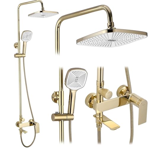 Rea Duschsystem STORM GOLD Duschset Duscharmatur mit Duschkopf und Kopfbrause aus Messing Duschgarnitur für Badezimmer (gold) von Rea