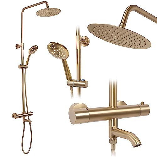 Rea Duschsystem mit Thermostat Lungo Gold Brush Duschset Duscharmatur mit Duschkopf und Kopfbrause aus Messing Duschgarnitur für Badezimmer (Gebürstetes Gold) von Rea