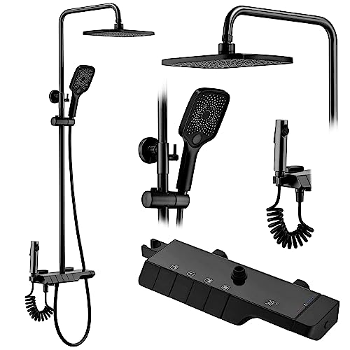 Rea Duschsystem mit Thermostat ROB Black Duschset Duscharmatur mit Duschkopf und Kopfbrause aus Messing Duschgarnitur für Badezimmer (Schwarz) von Rea