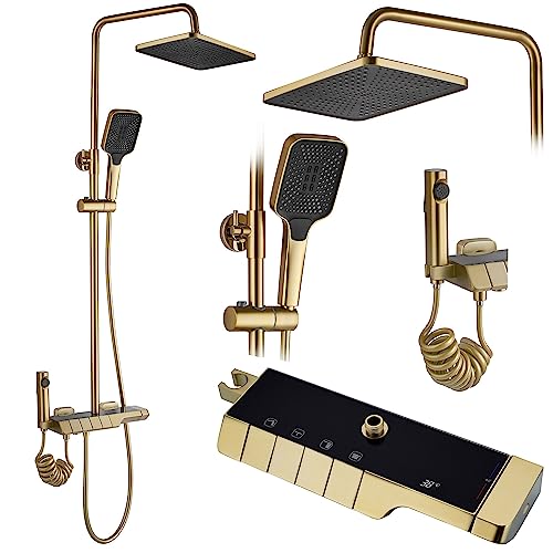 Rea Duschsystem mit Thermostat ROB Gold Brush Duschset Duscharmatur mit Duschkopf und Kopfbrause aus Messing Duschgarnitur für Badezimmer (Gebürstetes Gold) von Rea
