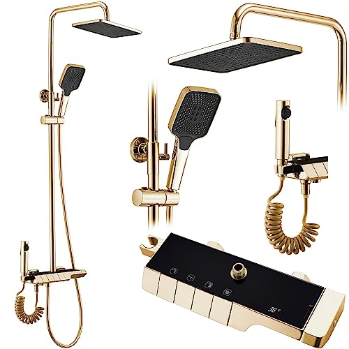 Rea Duschsystem mit Thermostat ROB Gold Duschset Duscharmatur mit Duschkopf und Kopfbrause aus Messing Duschgarnitur für Badezimmer (Gold) von Rea