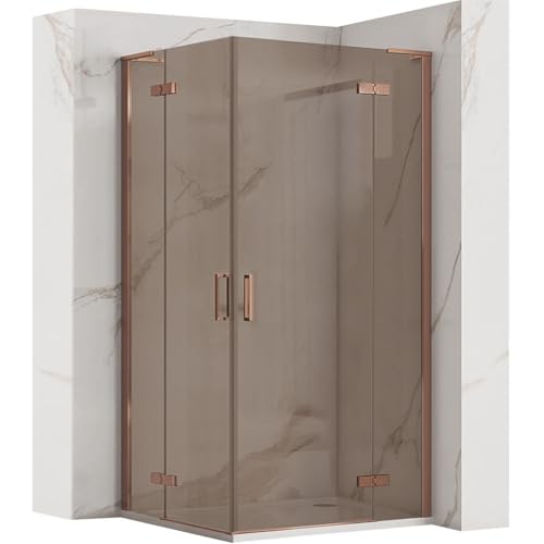Rea Eck-Duschkabine 100x80 (Tür x Seitenwand), Rauchglas in Bronze, Profile aus Gebürstetem Kupfer von Rea