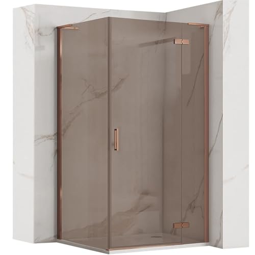 Rea Eck-Duschkabine 80x80 (Tür x Seitenwand), Rauchglas in Bronze, Profile aus Gebürstetem Kupfer von Rea