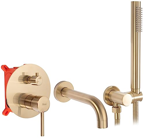 Rea Lungo Gold Brush Einbau-Badewannenarmatur + Box-Badewannenmischer mit Handbrause aus Messing für warmes und kaltes Badezimmer, verstellbar (gebürstetes Gold) von Rea