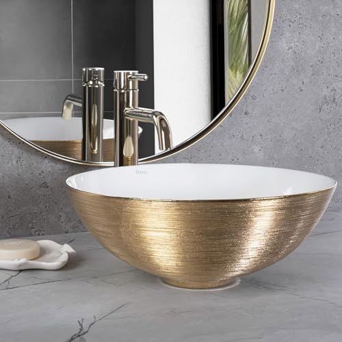 Rea Aufsatzwaschbecken STELLA Gold Brush/Weiß, Waschtisch Handwaschbecken Bad Waschschale Waschbecken für Badezimmer, 355x355x135 mm, Keramik (Gold/Weiß) von Rea