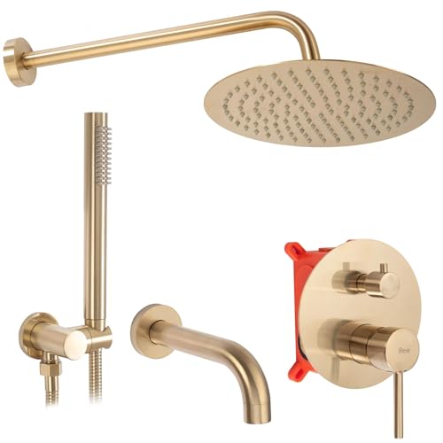 Rea Unterputz Wannen-/Duschsystem Lungo Brush Gold + BOX Duschset Duscharmatur mit Duschkopf und Kopfbrause aus Messing Duschgarnitur für Badezimmer (Gebürstetes Gold) von Rea