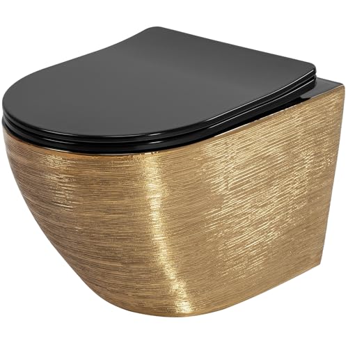 Rea WC-Schüssel Carlo Flachbürste Gold Keramik-Toilettenschüssel – Softclose Duroplast-Sitz – Absenkautomatik mit Soft-Closing (Gold/Schwarz) von Rea