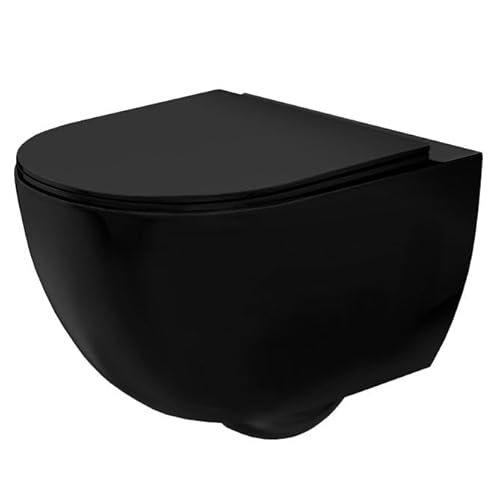 Rea Wand-Toilettenschüssel Carlo Mini Rimless Flat Black Mat Keramik-Toilettenschüssel – Softclose Duroplast-Sitz – Automatisches Absenken mit Soft-Closing (Mattschwarz) von Rea
