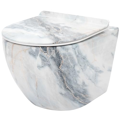 Rea Wand-WC-Schüssel Carlos Slim Granite glänzende Keramik-Toilettenschüssel – Softclose Duroplast-Sitz – automatisches Absenken mit Soft-Closing (Steinimitat) von Rea