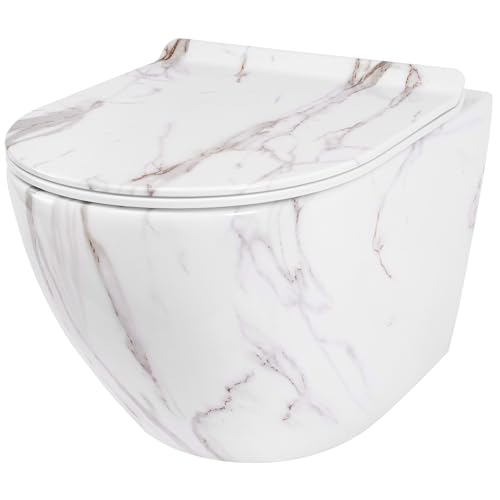 Rea Wand-WC-Schüssel Carlos Slim Rimless Aiax Glänzende Keramik-Toilettenschüssel – Softclose-Duroplast-Sitz – automatisches Absenken mit Soft-Closing (Steinimitat) von Rea