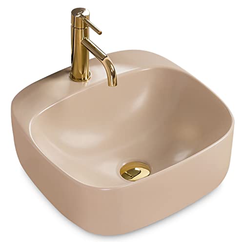 Rea Waschbecken Waschtisch Aufsatzwaschbecken Keramik Handwaschbecken Aufsatz Waschschale Beige Matt 42x42 von Rea