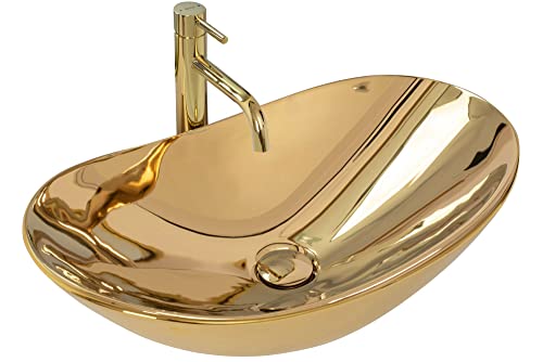 Rea Waschbecken Waschtisch Aufsatzwaschbecken Keramik Handwaschbecken Aufsatz Waschschale Oval Gold 36x60 von Rea