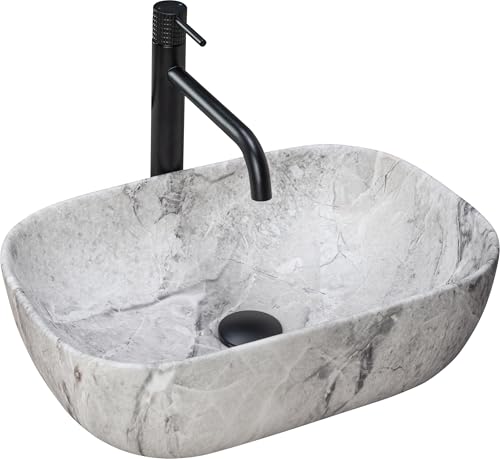 Rea Waschbecken Waschtisch Aufsatzwaschbecken Keramik Handwaschbecken Aufsatz Waschschale Rechteckig Stein Marmor 33x46 Grau von Rea