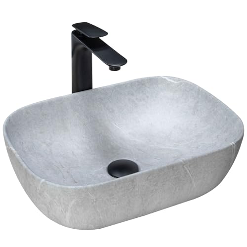 Rea Waschbecken Waschtisch Aufsatzwaschbecken Keramik Handwaschbecken Aufsatz Waschschale Rechteckig Stein Marmor 33x46 Grau von Rea