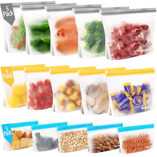15 Stück Gefrierbeutel Wiederverwendbar mit Stehendes Boden-Design, ReaGold Silikonbeutel für Lebensmittel, Aufbewahrungsbeutel Sandwichbeutel Küche Beutel für Gemüse Milch Snacks Fleisch von ReaGold