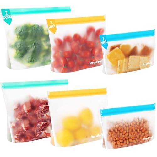 6 Stück Gefrierbeutel Wiederverwendbar mit Stehendes Boden-Design, ReaGold Silikonbeutel für Lebensmittel, Aufbewahrungsbeutel Sandwichbeutel Küche Beutel für Gemüse, Milch, Snacks, Fleisch von ReaGold