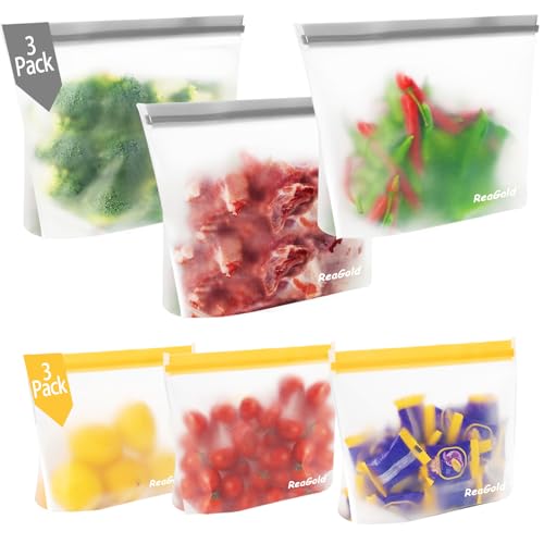 6 Stück Gefrierbeutel Wiederverwendbar mit Stehendes Boden-Design, ReaGold Silikonbeutel für Lebensmittel, Aufbewahrungsbeutel Sandwichbeutel Küche Beutel für Gemüse Milch Snacks Fleisch von ReaGold