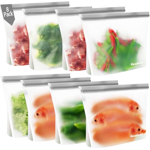 8 Stück Gefrierbeutel Wiederverwendbar mit Stehendes Boden-Design, ReaGold Silikonbeutel für Lebensmittel, Aufbewahrungsbeutel Sandwichbeutel Küche Beutel für Gemüse Milch Snacks Fleisch von ReaGold