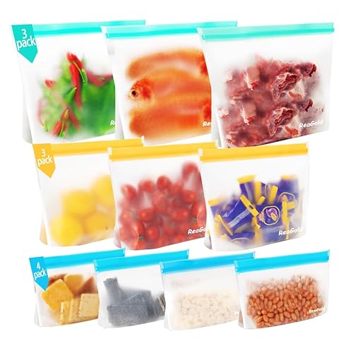 ReaGold 10 Stück Gefrierbeutel Wiederverwendbar mit Stehendes Boden-Design, Silikonbeutel für Lebensmittel, Aufbewahrungsbeutel Sandwichbeutel Küche Beutel für Gemüse Milch Snacks Fleisch von ReaGold
