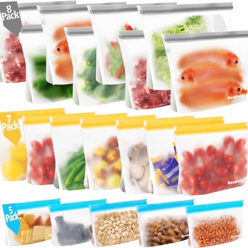 20 Stück Gefrierbeutel Wiederverwendbar mit Stehendes Boden-Design, ReaGold Silikonbeutel für Lebensmittel, Aufbewahrungsbeutel Sandwichbeutel Küche Beutel für Gemüse Milch Snacks Fleisch von ReaGold