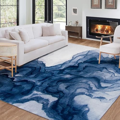 ReaLife Maschinenwaschbar Teppich Läufer - Wohnzimmer Schlafzimmer Badezimmer Küche Flur Büro - rutschfest Kurzflor Premium-Fleckenbeständig - Modern Abstrakt Zeitgenössisch - Ian - Blau - 90 x 150 von ReaLife Rugs