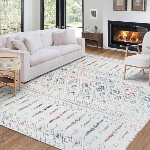 ReaLife Waschmaschine Teppich - Wohnzimmer Schlafzimmer Badezimmer Küche Flur Büro - rutschfest Kurzflor Fleckenbeständig - Geometrisch Marokkanisch Tribal - Beau - Elfenbein Multi - 150 x 210 von ReaLife Rugs