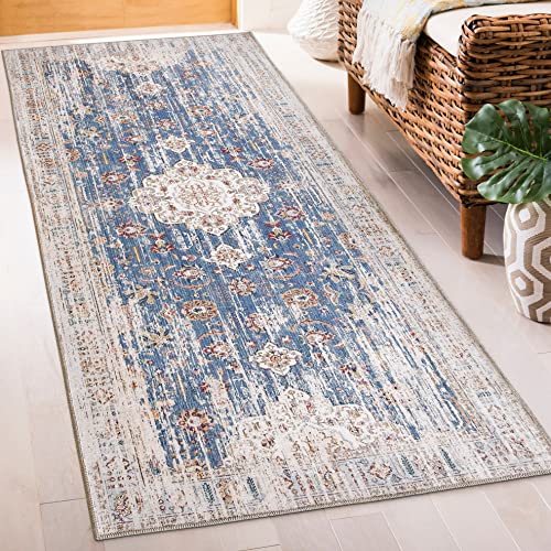 ReaLife Maschinenwaschbar Teppich Läufer - Wohnzimmer Schlafzimmer Badezimmer Küche Flur Büro - rutschfest Kurzflor Premium-Fleckenbeständig - Persisch Distressed - Hell Blau - 75 x 180 von ReaLife Rugs