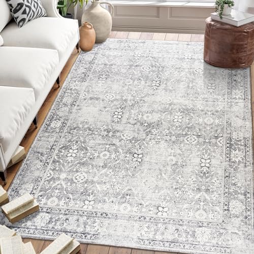 ReaLife Waschmaschine Teppich Läufer - Wohnzimmer Schlafzimmer Badezimmer Küche Flur Büro - rutschfest Kurzflor Premium-Fleckenbeständig - Boho Landhaus Vintage - Noor - Silber Elfenbein - 90 x 150 von ReaLife Rugs