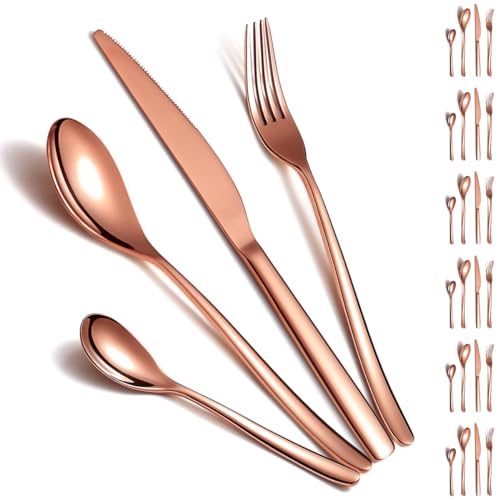 Besteck-Sets 24 Stücke Service für 6, ReaNea Rose Gold Titanium Plating Besteck-Set enthalten Abendessen Messer, Abendessen Löffel, Abendessen Gabeln, Teelöffel, spülmaschinenfest von ReaNea
