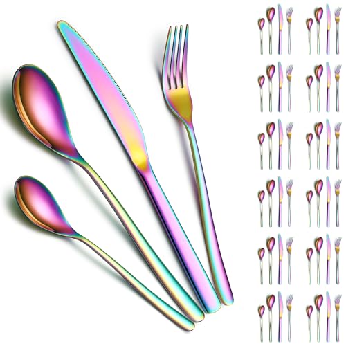 Besteckset 48 Teile Service für 12, ReaNea Regenbogen Titanium Plating Besteck Set Include Tafelmesser, Tafellöffel, Tafelgabeln, Teelöffel, Spülmaschinenfest von ReaNea