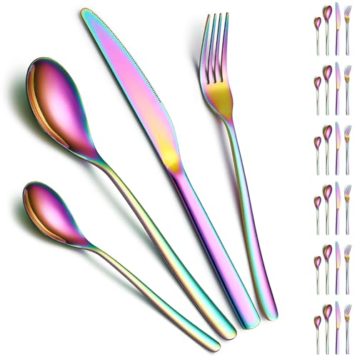 Bestecksets 24 Teile Service für 6, ReaNea Regenbogen Titanium Plating Besteck Set Include Abendessen Messer, Abendessen Löffel, Abendessen Gabeln, Teelöffel, spülmaschinenfest von ReaNea