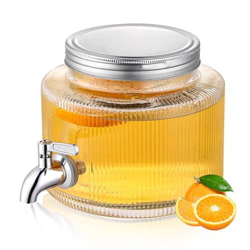Getränkespender für Kühlschrank 2/3 Gallonen (2,5 l), ReaNea Getränkespender aus Glas mit langlebigem Edelstahlhahn, Zapfhahn, Saftglas mit Deckel, Einmachglas für zu Hause von ReaNea