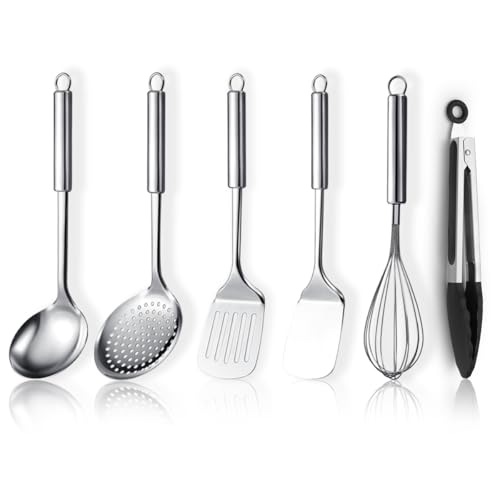 ReaNea Edelstahl Kochutensilien Set 6-teilig, Küchenwerkzeug Set enthält Metallspatel-Set, Skimmer, Schöpfkelle, Zange, Schneebesen, Küchenhelfer Essentials neues Zuhause muss haben von ReaNea