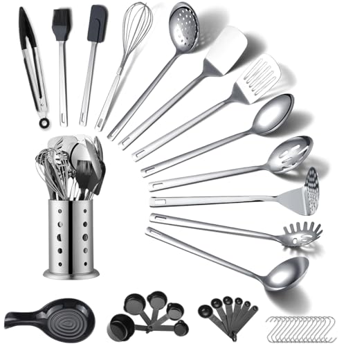 ReaNea Edelstahl Küchenutensilien Set 40 teilig, Kochutensilien Set mit Utensilienhalter, Kochgeschirr Set, Küchenhelfer, Metallspatel Set von ReaNea