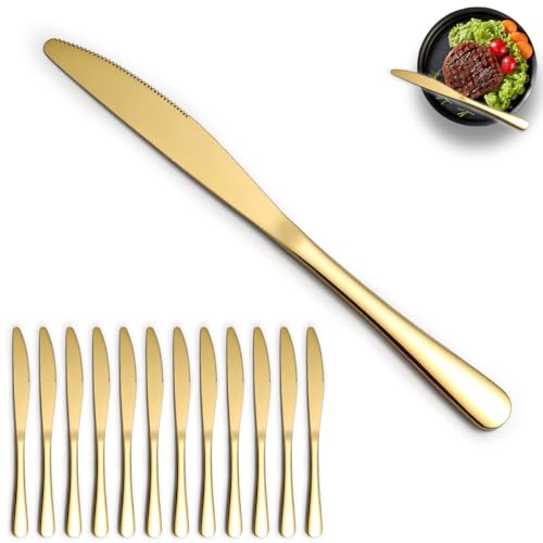 ReaNea Gold Tafelmesser 12-teiliges Set, Edelstahl-Titan-Beschichtung Glänzendes Goldmesser-Set, Buttermesser, Tafelmesser, Messer mit Wellenschliff, spülmaschinenfest von ReaNea