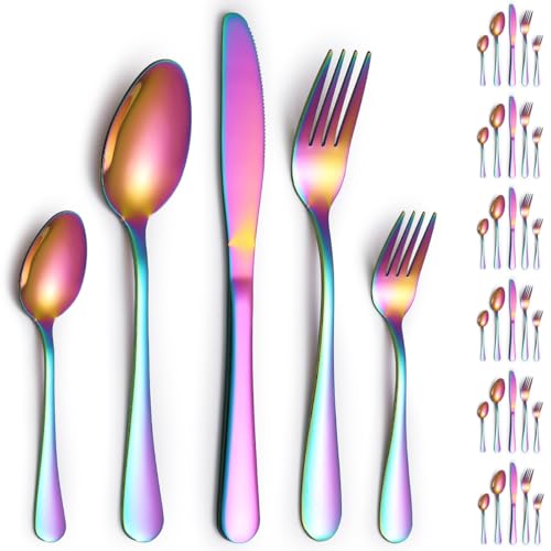 Tafelbesteck-Set 30 Teile für 6 Personen, ReaNea Regenbogen-Besteck-Set, Titan-Besteck-Set, inkl. Tafelmesser, Tafellöffel, Tafelgabeln, Teelöffel, Salatgabeln, spülmaschinenfest von ReaNea