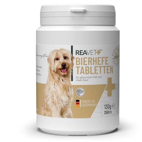 ReaVET Bierhefe-Tabletten für Hunde 250 Stück – Naturrein in Premium Qualität, für glänzendes kräftiges Fell + Vitale Haut, mit Biotin & Vitamin B I Bierhefe Pulver Tabs für Hunde Ohne Zusätze von ReaVET