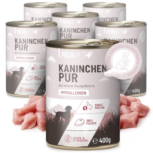 ReaVET Premium Hunde Nassfutter - Kaninchen Pur 6 x 400g I Reines Muskelfleisch, Hypoallergen, ohne Getreide & Zusätze, Hundenassfutter sensitiv für Allergiker von ReaVET