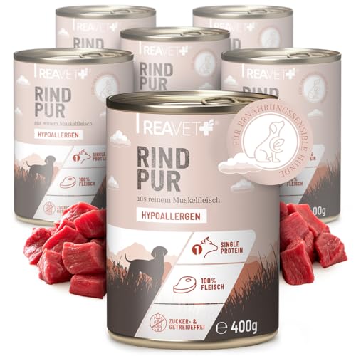 ReaVET Premium Hunde Nassfutter - Rind Pur 6 x 400g I Reines Muskelfleisch, Hypoallergen, ohne Getreide & Zusätze, Hundenassfutter sensitiv für Allergiker von ReaVET