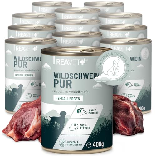 ReaVET Premium Hunde Nassfutter - Wildschwein Pur 12 x 400g I Reines Muskelfleisch, Hypoallergen, ohne Getreide & Zusätze, Hundenassfutter sensitiv für Allergiker von ReaVET