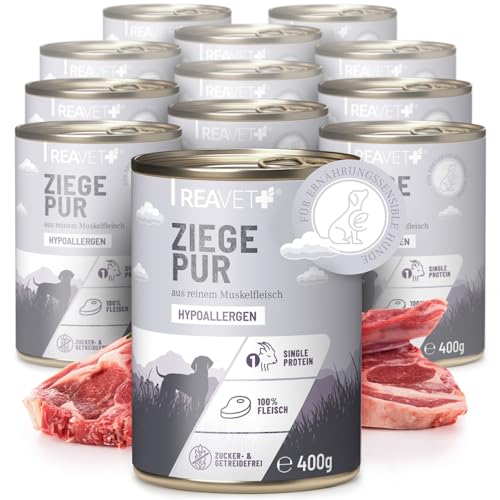 ReaVET Premium Hunde Nassfutter - Ziege Pur 12 x 400g I Reines Muskelfleisch, Hypoallergen, ohne Getreide & Zusätze, Hundenassfutter sensitiv für Allergiker von ReaVET