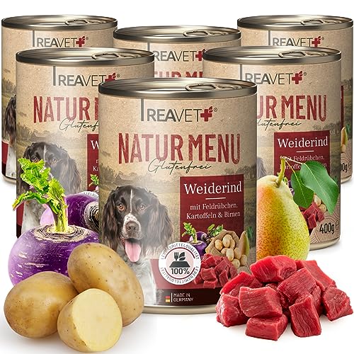 ReaVET Natur Menu Hundefutter 6 x 400g, Nassfutter für Hunde – Weiderind mit Feldrübchen, Kartoffeln & Birnen I Glutenfrei, Adult Hundenassfutter naturbelassen in Lebensmittelqualität von ReaVET