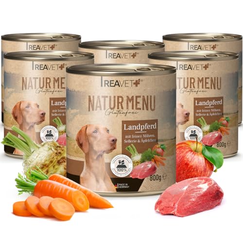 ReaVET Natur Menu Hundefutter 6 x 800g, Nassfutter für Hunde – Landpferd mit feinen Möhren, Sellerie & Äpfelchen I Glutenfrei, Adult Hundenassfutter naturbelassen in Lebensmittelqualität von ReaVET