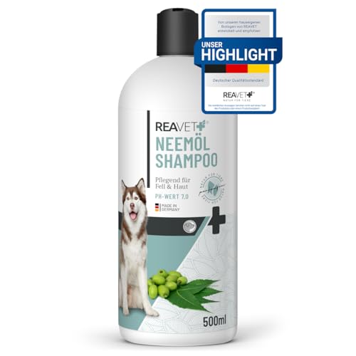 ReaVET Neemöl Shampoo für Hunde 500ml - Hundeshampoo gegen Juckreiz, Milben, Flöhe, Zecken, Hautfreundlich, Pflegend & leicht kämmbar, Fellpflege & Fellglanz, Angenehm im Geruch von ReaVET