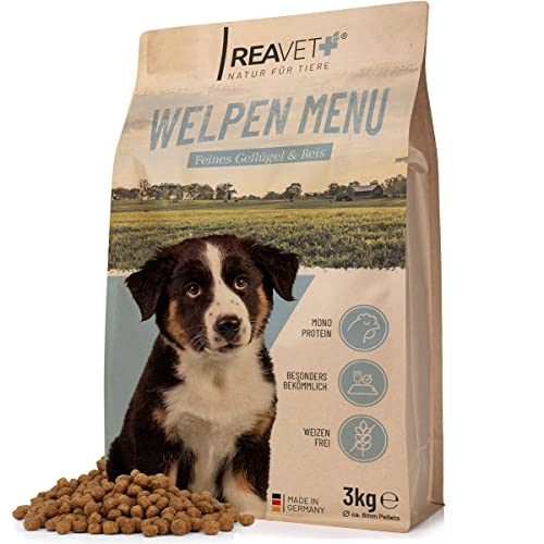 ReaVET Welpenfutter - Welpen Menü mit Geflügel 3kg, Hundefutter Trocken Welpen im Alter bis 6 Monaten, Gesundes Trockenfutter Welpen, Hundetrockenfutter, Hoher Fleischanteil, Für alle Hunderassen von ReaVET