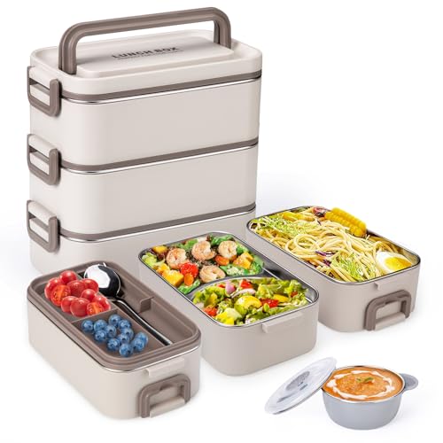 Reabulun Bento-Box Lunchbox für Erwachsene, Stapelbar, 3-Lagig, 304 Edelstahl, 3 L Kapazität, Mit Suppenschüssel, Löffel und Gabel von Reabulun